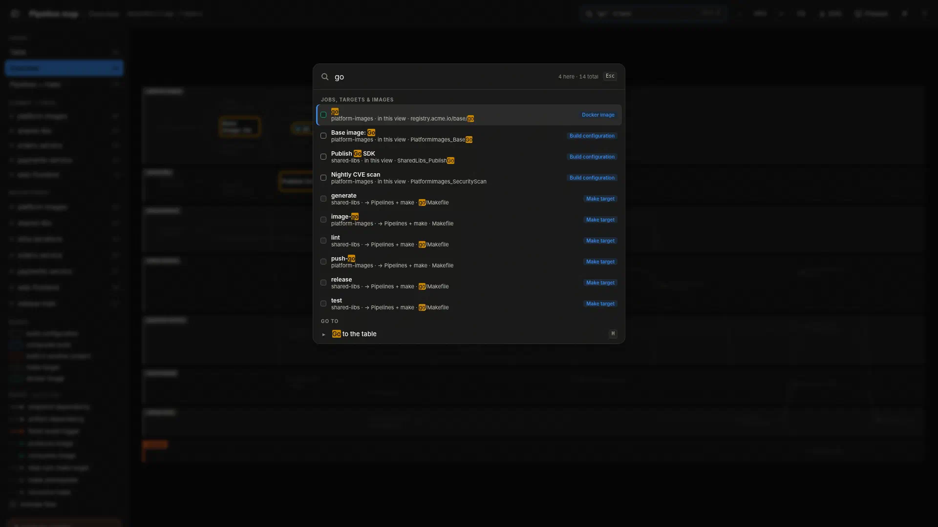 The command palette listing jobs, targets and images with matching commands below.