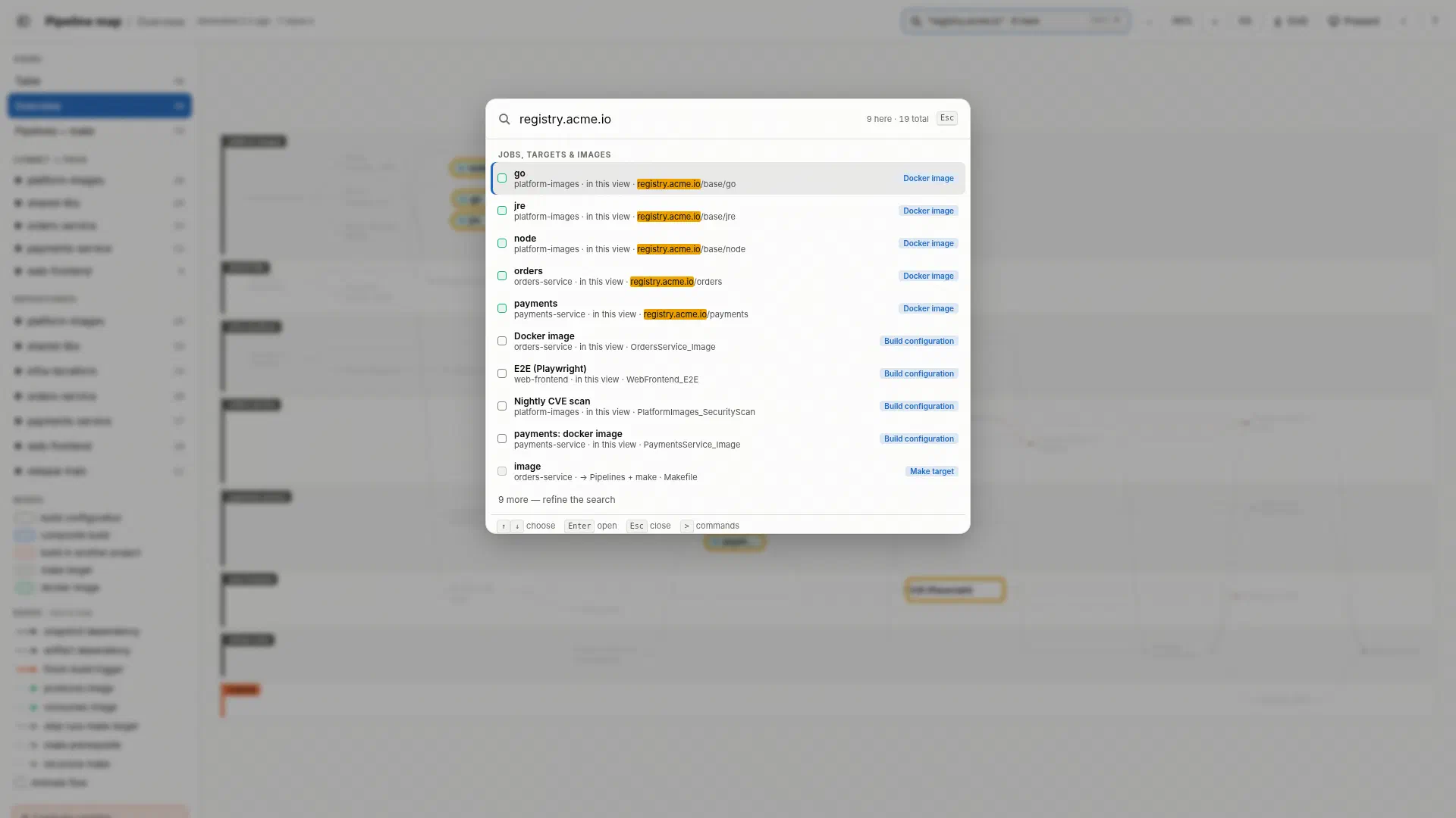 Search results listing every job, make target and image that mentions the internal registry.