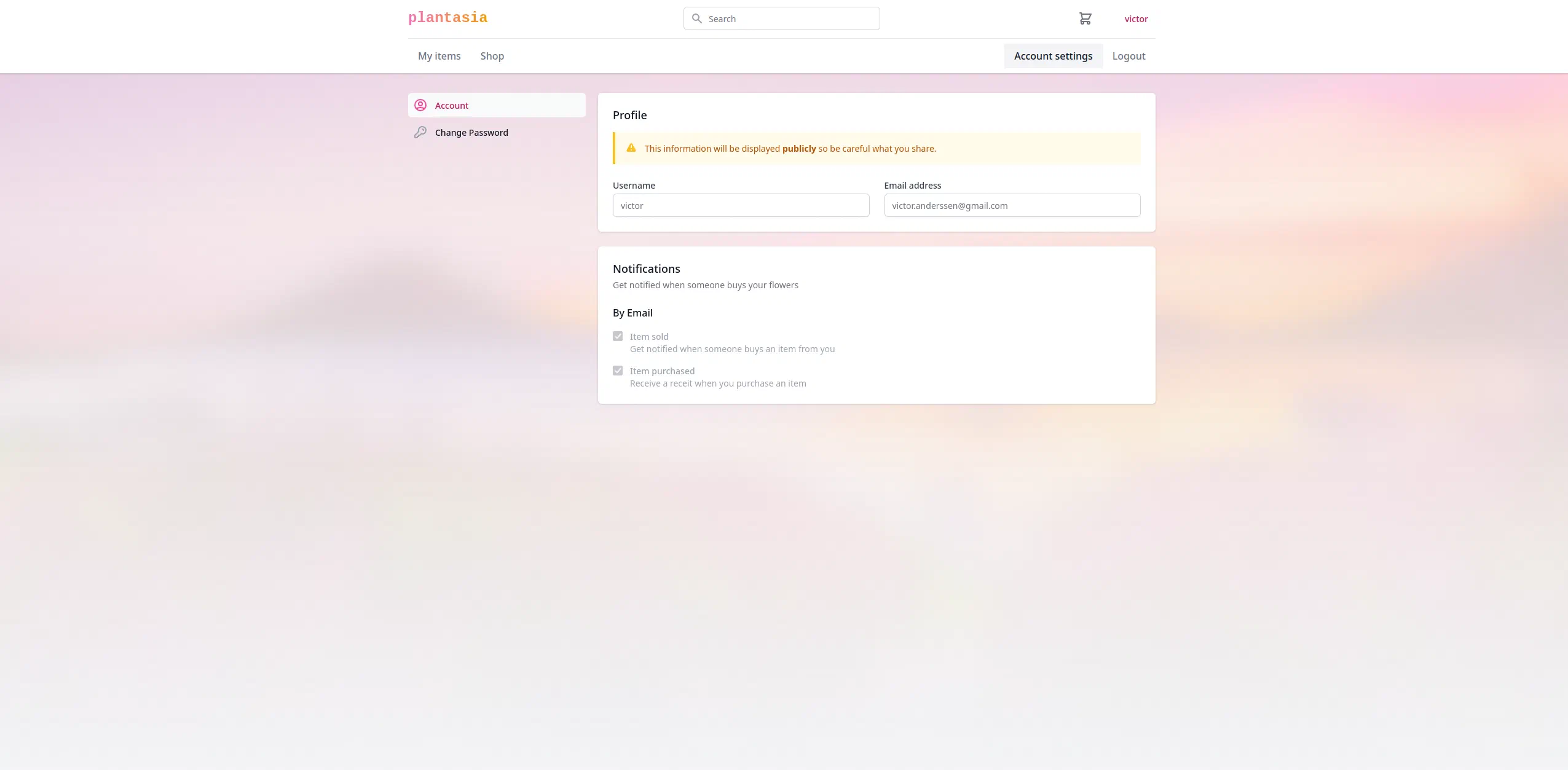 Plantasia account settings